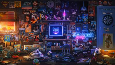 Nostalgic, Room, Retro style, Neon, Gaming console