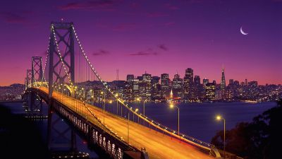 San Francisco-Oakland Bay Bridge, Twilight, Sunset, Night time, Long exposure, Crescent Moon, Purple sky, Purple gradient