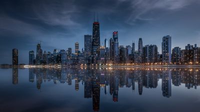 Chicago, Night City, Skyline, Cityscape, Illinois, USA, United States of America, Urban, Skyscrapers, Dusk, Evening sky, Dramatic, Reflections, Lake Michigan, Waterfront, City lights, 5K, 8K