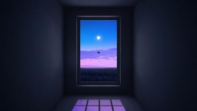 Solitude, Moon, Night sky, Dreamlike, Window, Purple, Surrealism, 5K