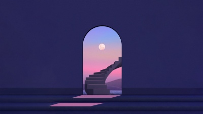 Moon, Staircase, Archway, Dreamy, Minimalist, Surrealism, Twilight, Reflection, Calm, Pastel, 5K