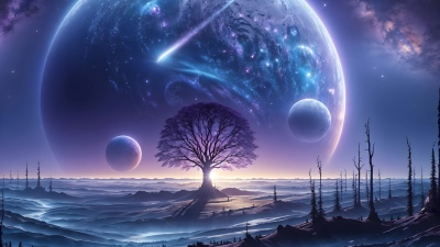 Alien planet, Scenery, Cosmic, Interstellar, Surreal, Outer space, Dreamy, Majestic, Celestial, Purple aesthetic, 5K, Lone tree