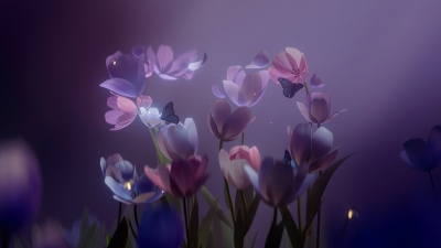 Microsoft 50th Anniversary, Tulips, Dark Mode, Purple aesthetic, Purple background, Butterflies, Purple tulips