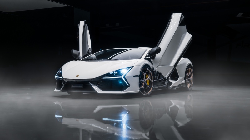 Lamborghini Revuelto, Dark background, White cars, 5K, 8K