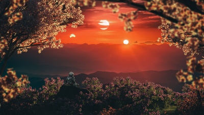 Astronaut, Sunset, Exoplanet, Cherry Blossom Trees, Mountains, Digital art, Relaxing, Dreamlike