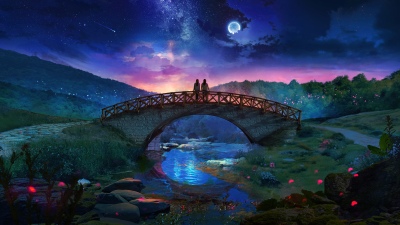 Couple, Fantasy landscape, Night sky, Milky Way, Bridge, River, Glowing elements