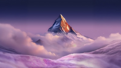 Mountain Peak, Landscape, Purple aesthetic, Sunset, Clouds, 5K