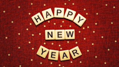 Happy New Year, Golden stars, Scrabble letters, Red background, 5K