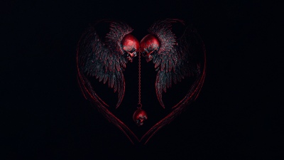 Heart shape, Skulls, Gothic, Angel wings, AMOLED, Black background, 5K