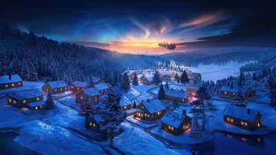 Santa Claus chariot, Christmas Eve, Winter snow, Village, Aurora Borealis, Reindeer Chariot, Forest, Sunset, 5K