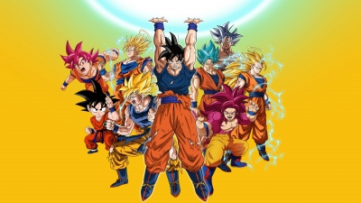 Dragon Ball Super, Anniversary Edition, Super Saiyan Goku, Super Saiyan God, Super Saiyan Blue, Ultra Instinct Goku, Super Saiyan 4 Fusion, 5K, Son Goku, Yellow background