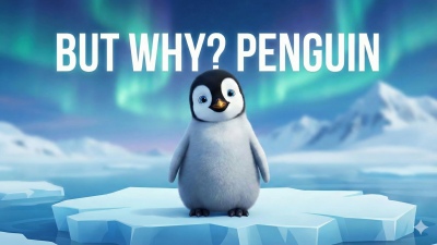 But Why? Penguin, 5K, Cute art, Aurora Borealis, Ice berg, Mountains, Cute cartoon, Meme, Ocean