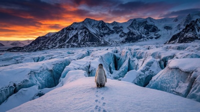 Nihilist penguin, Mountains, Walking, 5K, Glacier, Sunset, Antarctica