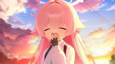 Takanashi Hoshino, Blue Archive, Anime girl, 5K, 8K, Pink hair, Yawning, Sunset, Cute anime