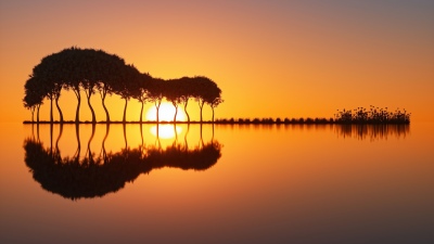 Guitar Island, Sunset, Reflections, Landscape, 5K, Orange sky, Surreal landscape, Silhouette