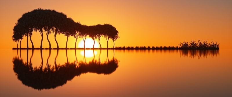 Guitar Island, Sunset, Reflections, Landscape, 5K, Orange sky, Surreal landscape, Silhouette