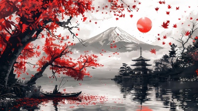Japan, Artistic, Mount Fuji, Autumn season, Maple trees, Pagoda, Landscape, Red aesthetic