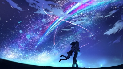 Your Name, Couple, Kimi no Na wa, Night sky, Stars, Comet, Taki Tachibana, Romance, Mitsuha Miyamizu, Comet Tiamat, Shooting stars