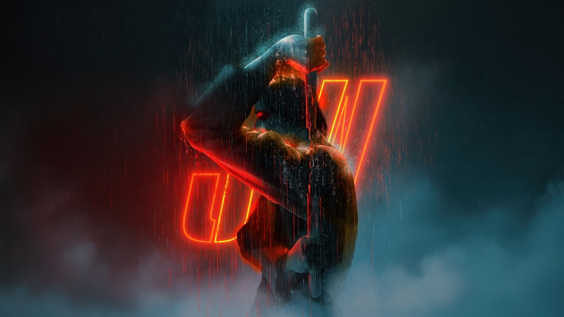 John Wick, Neon art, Rain, Dark aesthetic, 5K, Neon lighting