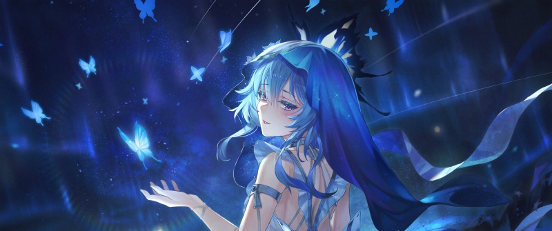 The Shorekeeper, Wuthering Waves, 5K, Anime girl, Blue aesthetic, Butterflies