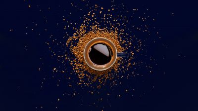 Coffee cup, Instant Coffee, Blue background, Ceramic mug, Top View, 5K