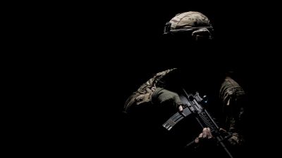 Soldier, Machine gun, War, Silhouette, Black background, 5K