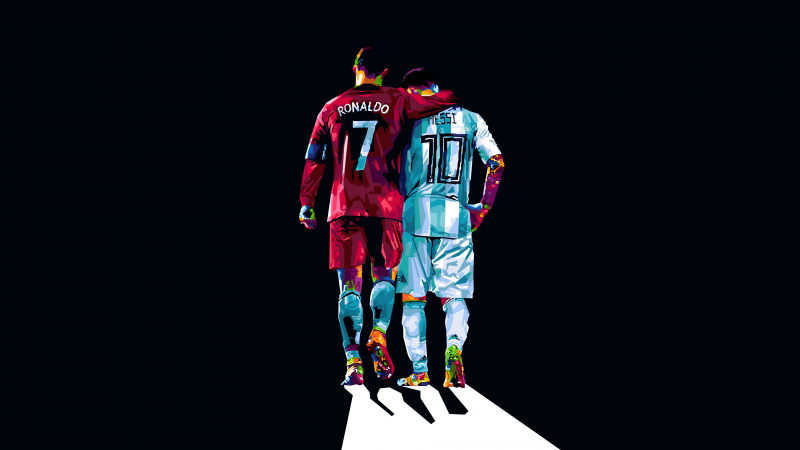 Cristiano Ronaldo, Lionel Messi, Pop Art, Dark background, 5K, 8K