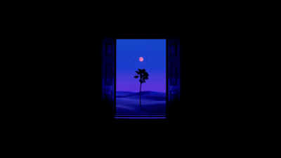Desert, Open door, Palm tree, Moon, Night sky, AMOLED, Black background, 5K, Surreal landscape, Lone tree, Solitude, Silhouette, Flying birds