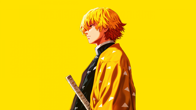 Zenitsu Agatsuma, Yellow aesthetic, 5K, Demon Slayer: Kimetsu no Yaiba, Yellow background, Katana, Monochromatic