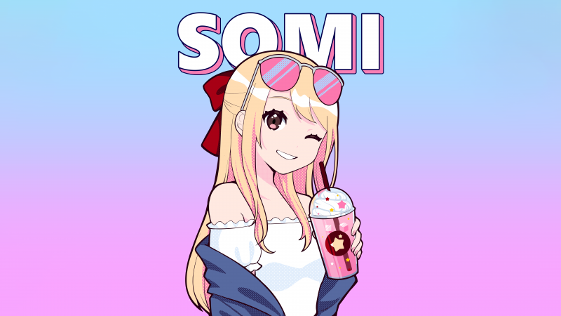 Jeon Somi, Anime girl, Winking, Sunglasses, Cute anime, Gradient background, Kawaii girl, Kawaii boba tea