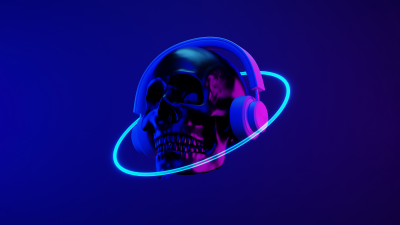 Dubstep, Skull, Headphones, Neon art, Synthwave, 5K, Dark blue