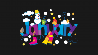January, Illustration, Colorful, Snowman, Dark background, 5K