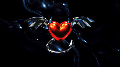 Devil heart, Metallic, Bat wings, Dark background, Red heart, 5K, Gothic
