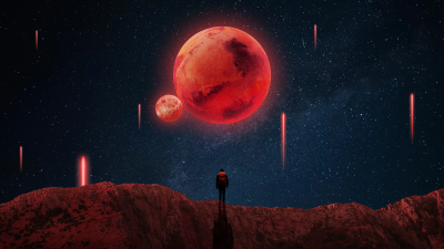 Lonely, Apocalyptic, Red moon, Surreal, Blood Moon, Meteorite fall, Starry sky