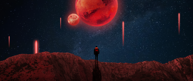 Lonely, Apocalyptic, Red moon, Surreal, Blood Moon, Meteorite fall, Starry sky